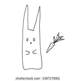 Vector illustration. Cute tiny rabbit with carrot isolated on a white background. Hand drawn doodle clipart. Ideal for children and baby projects.