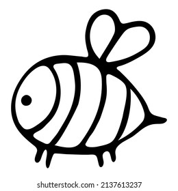 Vector illustration. Cute tiny unpainted bee or bumblebee isolated on a white background. Hand drawn simple doodle clipart. For greeting card, poster, collage, wrapping, print, coloring book.
