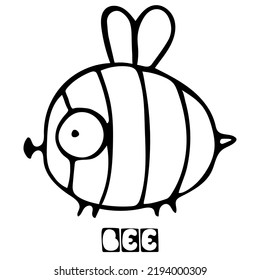 Vector illustration. Cute tiny unpainted bee or bumblebee isolated on a white background. Hand drawn simple doodle clipart. For greeting card, poster, collage, wrapping, print, coloring book.