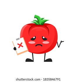 Vektorgrafik süßer Tomatenmaskotte oder Zeichen, die Zeichen enthalten, falsch. süße Tomate Konzept weiß einzeln. Flat Cartoon Style Geeignet für Landing Page, Banner, Flyer, Sticker.