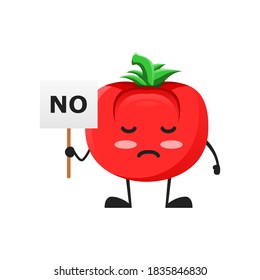 ilustración vectorial de una mascota de tomate tierno o de un caracter sosteniendo el cartel de no. Estilo de caricatura plana Adecuado para Aterrizar Página, Cartel, Volante, Pegatina.