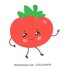 Ilustração vetorial de um tomate bonito com rosto sorridente e folhas verdes. Objeto vegetal plano isolado.