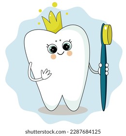 vector illustration cute tooth in crown take a toothbrush