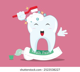 Ilustración vectorial de Cute tooth felizmente cepillándose con un cepillo de dientes y pasta de dientes, promoviendo la higiene dental de una manera divertida y amigable.