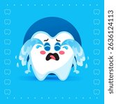 Vector illustration of a cute tooth mascot crying heavily on a blue background. Great for dental care, emotions, or oral health-related educational materials for kids