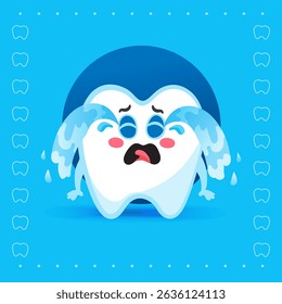 Vector illustration of a cute tooth mascot crying heavily on a blue background. Great for dental care, emotions, or oral health-related educational materials for kids