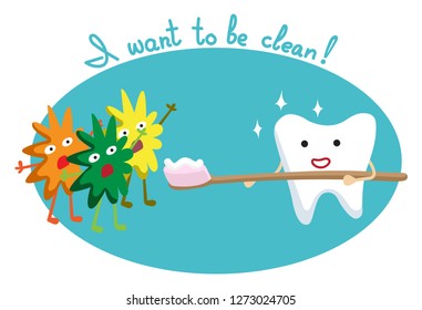 Vector illustration of cute tooth with toothbrush fights tooth decay. Health tooth poster or card. Dentistry protection. Symbol or logo concept icon for dental clinic, hospital, oral care center