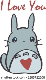 Vector Illustration with cute totoro and wording valentines