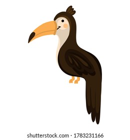 Vector Illustration Cute Toucan Bird Isolated White Cartoon Hand Drawn Flat A funny bird with a large yellow nose. Exotic jungle bird.Beautiful bird for printing on clothes, stationery for children