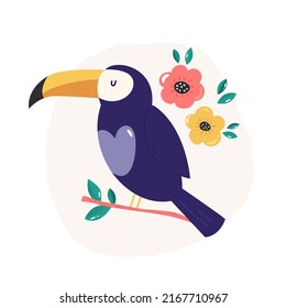 Vector illustration of a cute toucan and blooming flowers