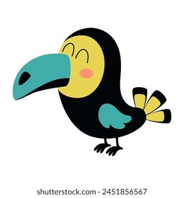 Ilustración vectorial de tucán lindo, estilo de dibujos animados, pájaro tropical aislado en blanco, impresión para niños