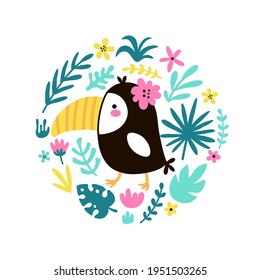 vector illustration of cute toucan, jungle concept in curcle, print for kids room, apparel, etc