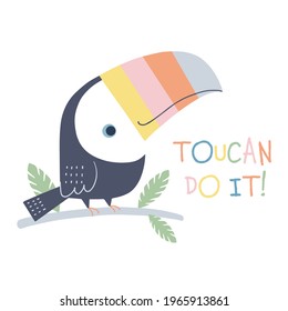 Vector illustration of cute toucan on branch. Hand drawn childish character of toucan. Isolated on white background.
