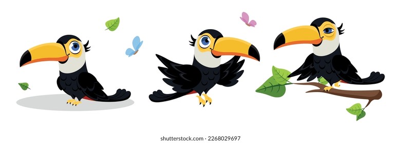 Vector illustration of cute toucans on white background. Charming characters in different poses: a toucan is standing, flying, sitting on a tree branch with butterflies in a cartoon style.