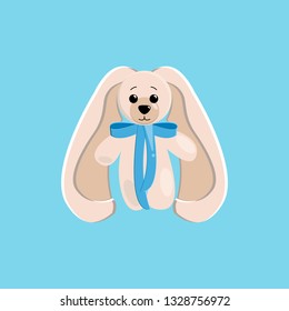 vector illustration of a cute toy hare with long ears and a blue bow on the neck painted in delicate shades on a blue background.