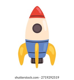 Ilustración vectorial de un lindo cohete de juguete. Diseño plano de dibujos animados con colores brillantes, Formas simples y estilo lúdico. Elemento temático espacial para niños, educación, imaginación, ciencia y conceptos de creatividad.