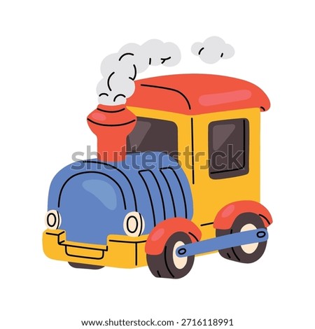 Vector illustration of a cute toy steam train isolated on white background. Cartoon locomotive in flat style with bright colours colors. Perfect for kids designs, nursery graphics, stickers and educational materials.