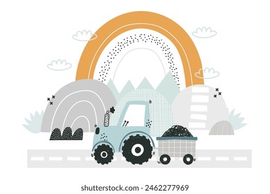 Vector illustration of cute tractor with trailer, mountains, hills and rainbow. City, road. Transport. Cute funny vehicles for children. Building. Baby boy. Poster with car. Farm. 