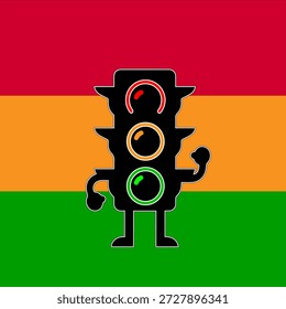 Vector illustration of a cute traffic light mascot character with red, yellow, and green lights. Cartoon style design with colorful horizontal background, suitable for road safety, children education, transportation themes, and urban signage concepts