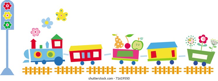 Vector illustration of cute train with flowers and fruits