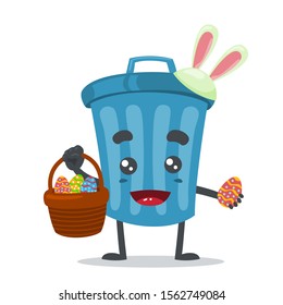 vector illustration of cute trash can mascot wearing easter hat and holding egg in the basket on white background