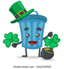 vector illustration of cute trash can mascot wearing hat shamrock and clover on white background