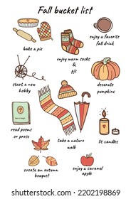 Vector illustration with cute and trendy autumn and halloween elements. Autumn bucket list, fall to do planner, eat seasonal food and do cozy things.