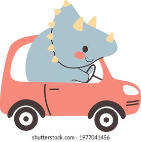 Vector illustration of cute triceratops dinosaur riding red car automobile