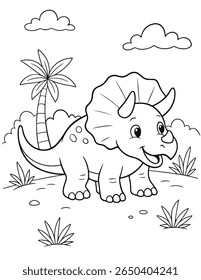 Vector illustration of a cute Triceratops dinosaur eating from a leafy bush. Set in a simple outdoor scene with clouds and small birds, this clean outline artwork is perfect for children's coloring bo