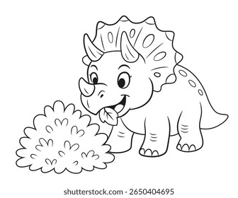 Vector illustration of a cute Triceratops dinosaur eating from a leafy bush. Set in a simple outdoor scene with clouds and small birds, this clean outline artwork is perfect for children's coloring bo