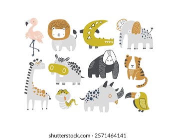 Vector illustration of cute tropical African animals for kids. Cute cartoon animal characters. Safari. Lion, flamingo, crocodile, elephant, giraffe, hippo, gorilla, tiger, snake, rhino, toucan.