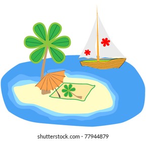 Vector illustration of a cute tropical island with palm trees and boat on the ocean