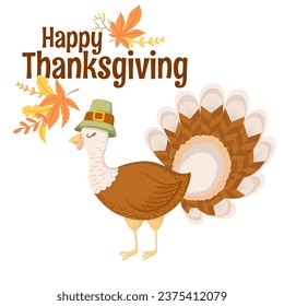 Vector illustration with cute turkey character, lettering and autumn leaves isolated on white background. Illustration for Thanksgiving greeting card, invitation template, poster