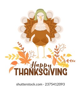 Vector illustration with cute turkey character, autumn leaves and lettering isolated on white background. Illustration for Thanksgiving greeting card, invitation template, poster