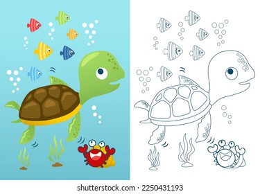 Vector illustration of cute turtle with fishes and hermit crab undersea. Coloring book or page