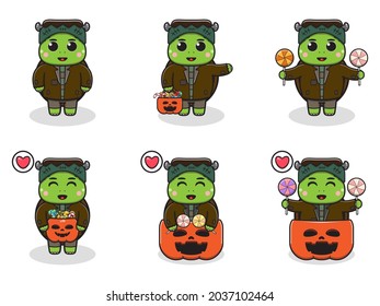 Vector illustration of cute Turtle with Frankenstein costume. Turtle character vector design. Good for label, sticker, clipart.