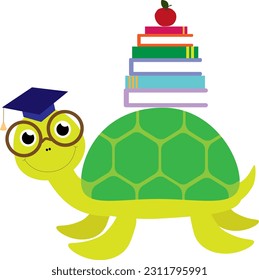 Vector illustration of cute turtle in glasses with pile of books and apple in cartoon style. Back to school template	