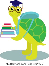 Vektorgrafik süßer Schildkröten in Brillen mit Stapel von Büchern und Studentenkappe im Cartoon-Stil. Zurück zur Schulvorlage	