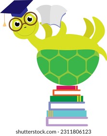 Vector illustration of cute turtle in glasses with pile of books and student cap in cartoon style. Back to school template	