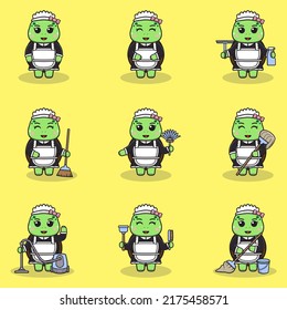 Vector illustration of cute Turtle with maid uniform. Animal character design. Turtle with cleaning equipment. Set of cute Turtle characters.