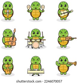 Vector Illustration of Cute Turtle playing music instruments. Set of cute Turtle characters. Cartoon animal play music. Animals musicians.