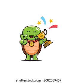 vector illustration of a cute turtle shape with a championship trophy and medals.