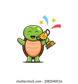 vector illustration of a cute turtle shape with a championship trophy.