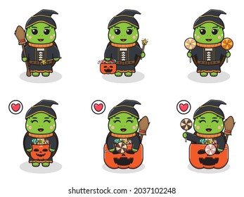 Vector illustration of cute Turtle with Witch costume. Turtle character vector design. Good for label, sticker, clipart.