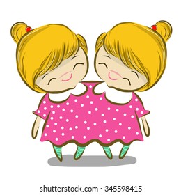 vector illustration of cute twin-girl drawing style
