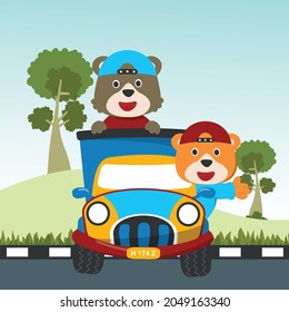 vector illustration of cute two bear on a road trip truck, Can be used for t-shirt print, kids wear, invitation card. fabric, textile, nursery wallpaper, poster and other decoration.