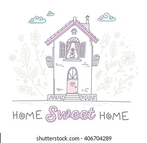Vector illustration of cute two storey cottage with flowers and inscription of pink color on white background with blue clouds. Hand drawn flat line art design to make a greeting card, poster, web