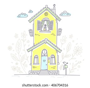 Vector illustration of cute two storey cottage with open windows and flowers of green and yellow colors on white background with blue clouds. Hand drawn flat line art design to make a greeting card