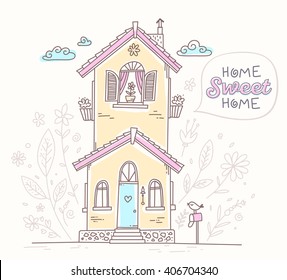 Vector illustration of cute two storey cottage with roof and flowers of pink and yellow colors on white background with blue clouds. Hand drawn flat line art design to make a greeting card