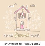 Vector illustration of cute two story cottage with flowers and inscription of pink colors on orange background with white clouds. Hand drawn flat line art design to make a greeting card, poster, web